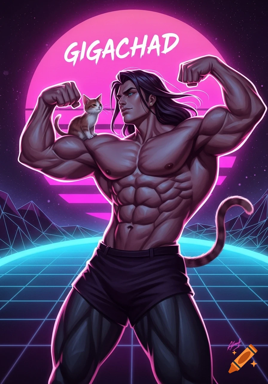 Muscular man, known as Gigachad, with a cat on his shoulder, flexing against a neon pink synthwave background.