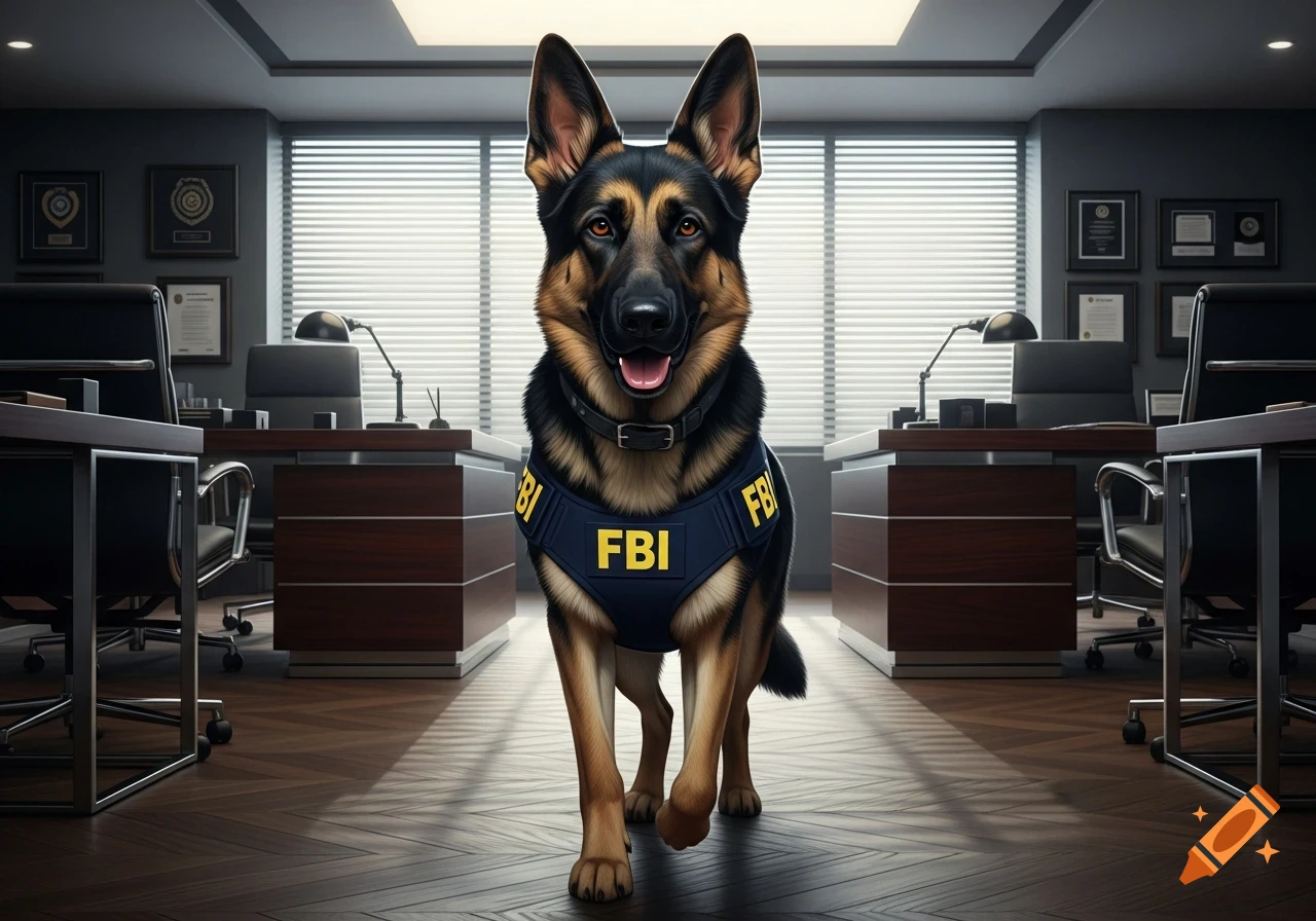 A photorealistic German Shepherd dog wearing an 'FBI' vest stands in an office hallway.