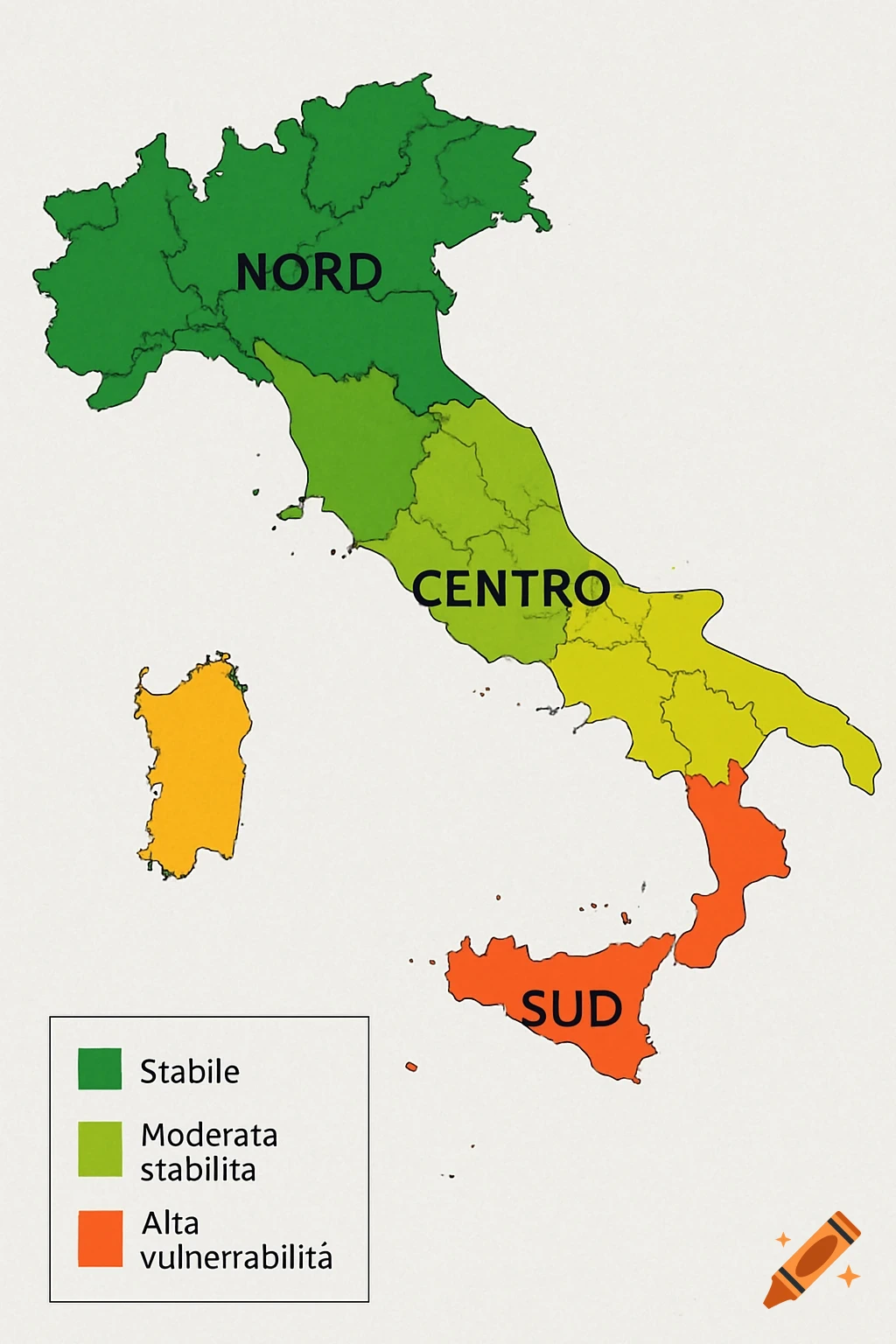 Color-coded map of Italy showing Nord (green), Centro (light green), and Sud (orange) with a legend indicating economic stability and vulnerability.