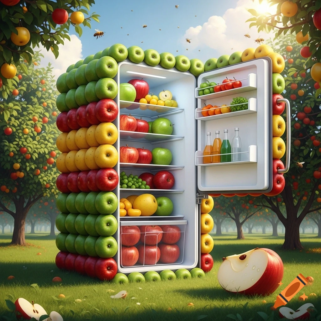 A photorealistic refrigerator made of colorful apples stands in a sunny orchard, filled with various fresh fruits and bottled drinks.