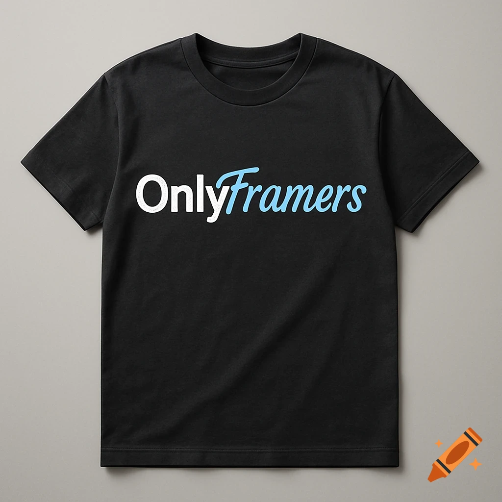 A black t-shirt featuring the word "OnlyFramers" in a white and light blue stylized font across the chest.