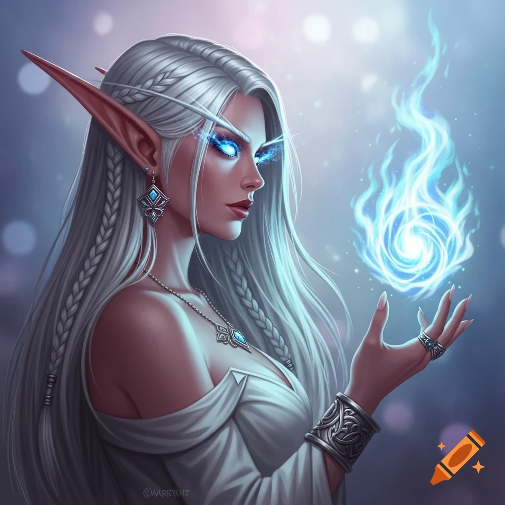 An elegant female elf with long white hair, glowing ice-blue eyes, and pointy ears, casting a swirling blue flame spell.