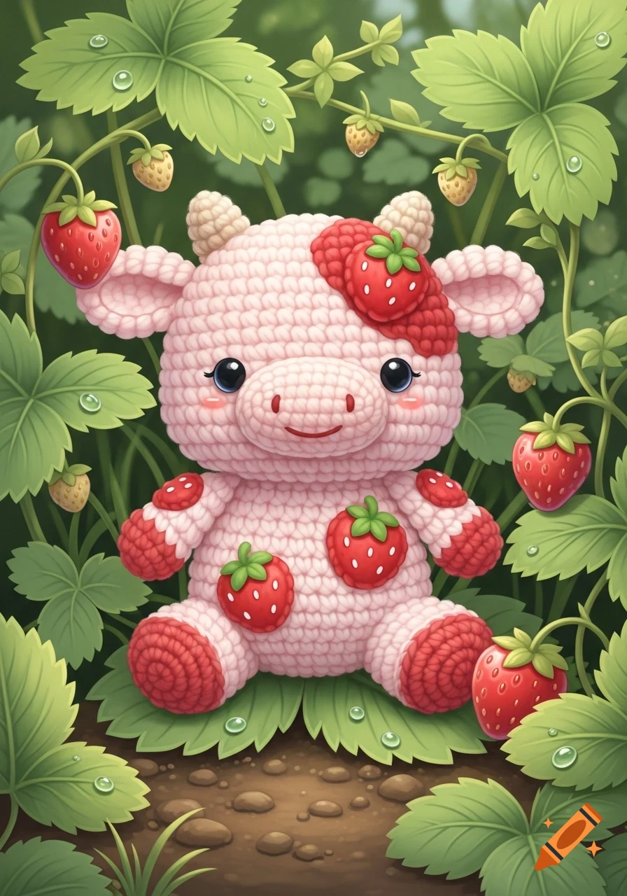 A cute pink crochet strawberry cow plushie with red strawberry patches, sitting among lush green strawberry leaves with water droplets and ripe red strawberries.