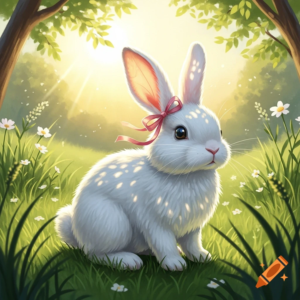 A fluffy white rabbit with a pink ribbon on its ear sits in a sunny ...