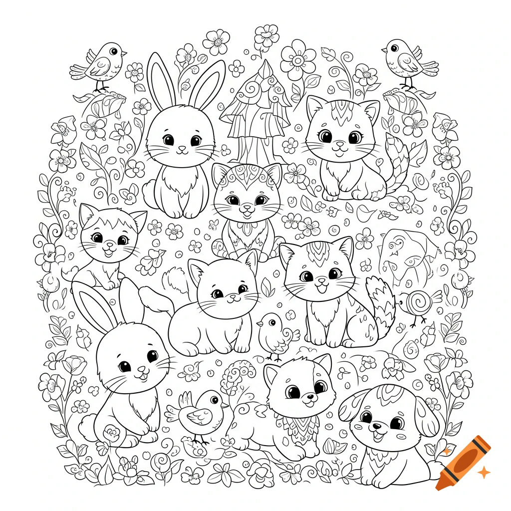 Black and white line art coloring page of cute cartoon bunnies, kittens, puppies, and birds amidst whimsical flowers and foliage.