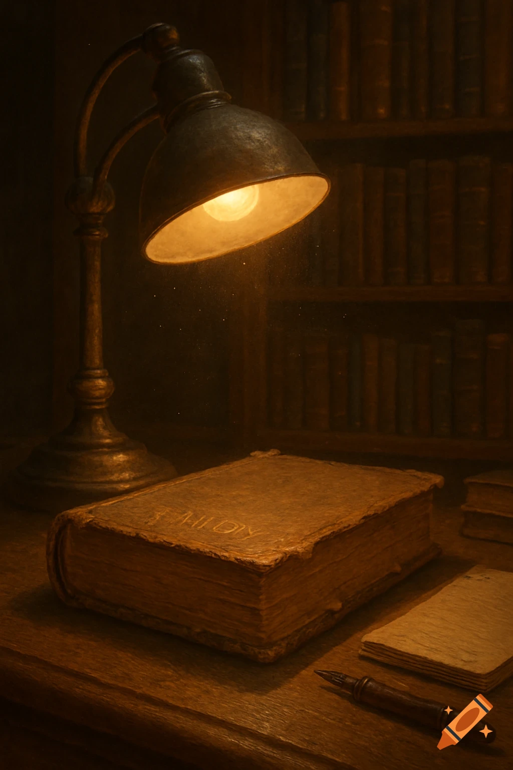 A vintage desk lamp illuminates an old, thick book, pen, and paper on a wooden desk in a dimly lit study.