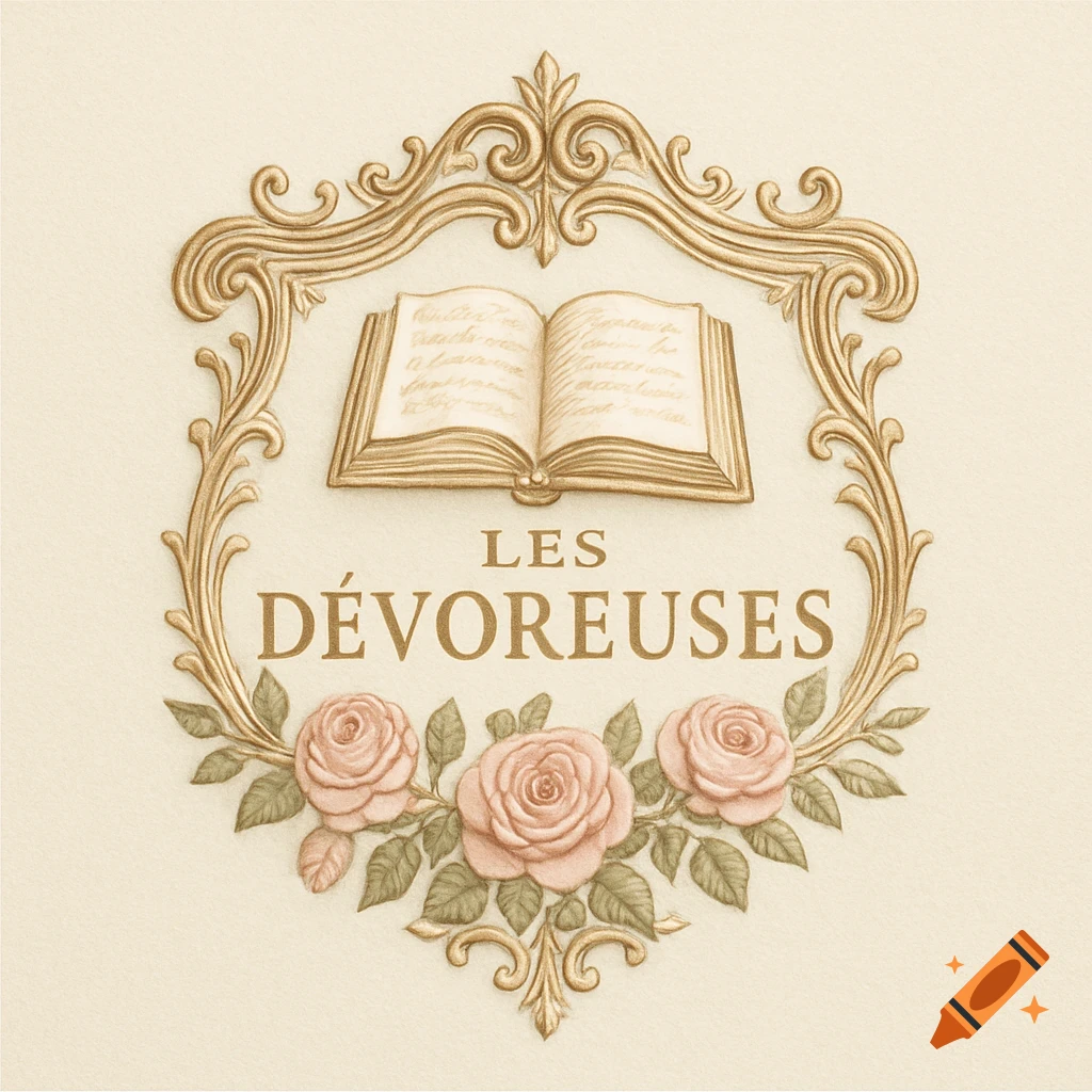 Gold ornate emblem with an open book, the text 'LES DÉVOREUSES', and three pink roses at the bottom.