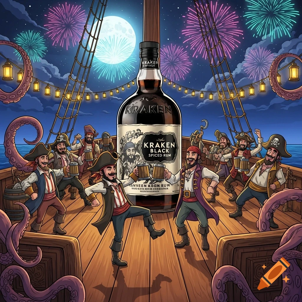 A cartoon illustration of pirates celebrating on a ship deck with a giant Kraken Black Spiced Rum bottle, under fireworks and a full moon.