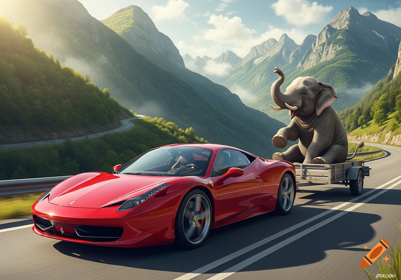 A red Ferrari sports car pulls a trailer with a happy elephant on a winding mountain road under a sunny sky.