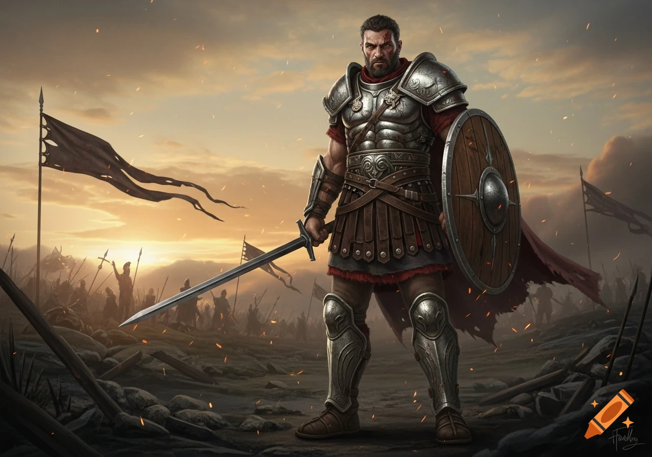 A formidable warrior in full plate armor, holding a sword and shield, stands on a desolate battlefield at sunset.