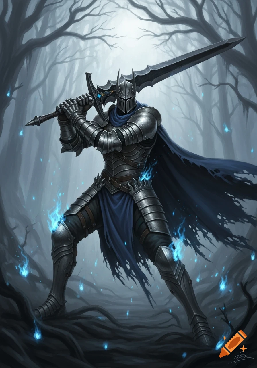 A heavily armored knight in full plate with a greatsword stands ready in a dark, misty forest, surrounded by glowing blue flames.