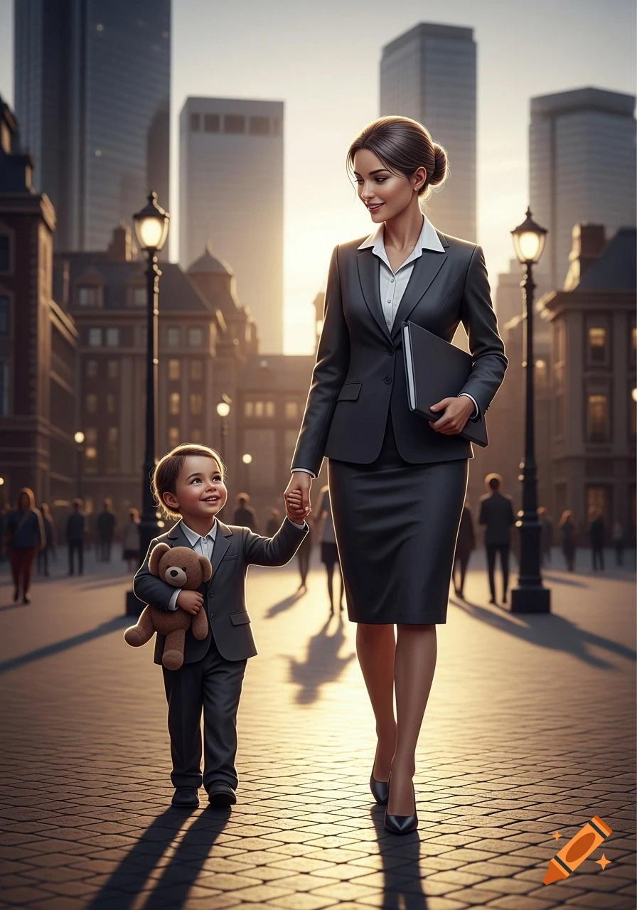 A professional woman in a suit holds hands with a smiling child also in a suit, walking on a city street at sunset.