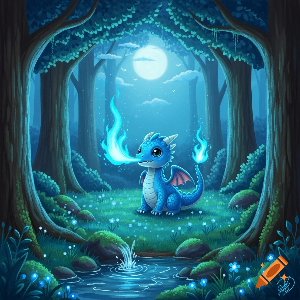 A cute blue dragon breathes blue fire, sitting by a stream in a glowing ...