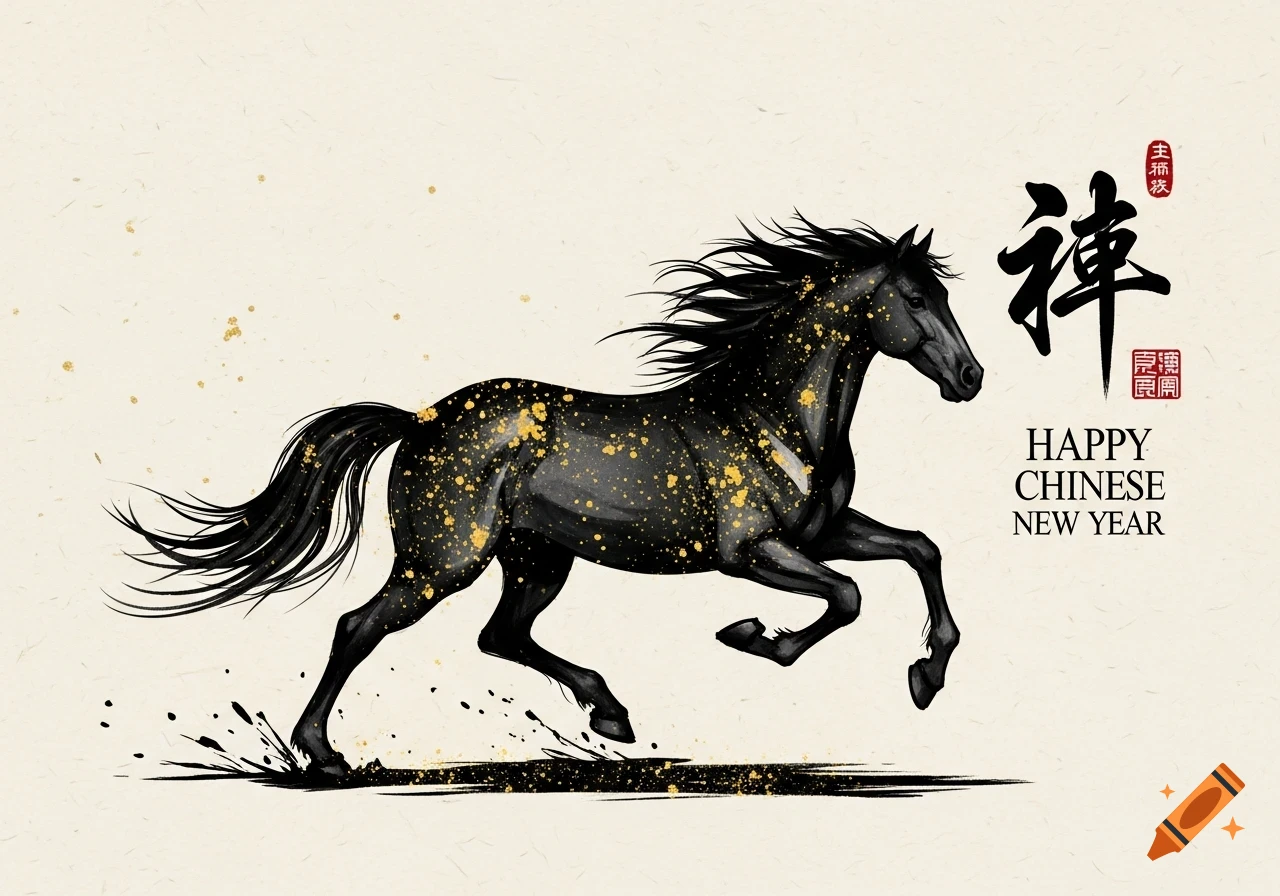A stylized black horse with gold flecks gallops across a textured beige background, alongside black Chinese calligraphy and the text "HAPPY CHINESE NEW YEAR".