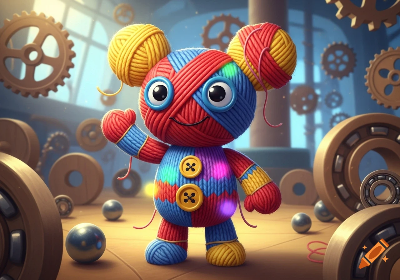 A cute, colorful yarn toy with yarn ball ears and button details, waving in a whimsical workshop with gears.