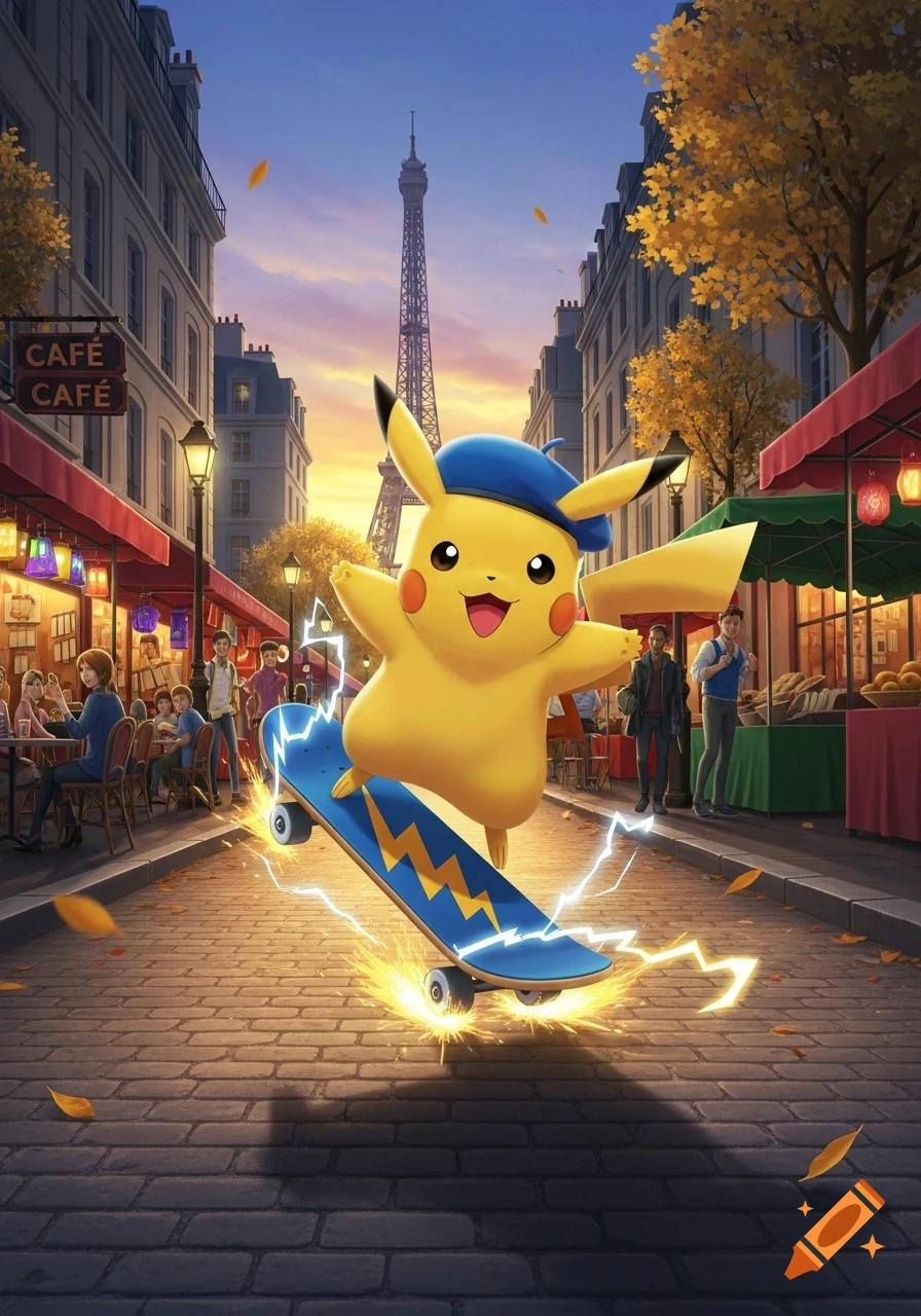 Pikachu wearing a blue beret, skateboarding with electric sparks down a cobbled street in Paris, with the Eiffel Tower in the background.