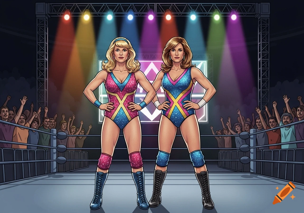 Cartoon illustration of two women wrestlers in sparkly retro leotards posing in a spotlighted ring with a cheering crowd.