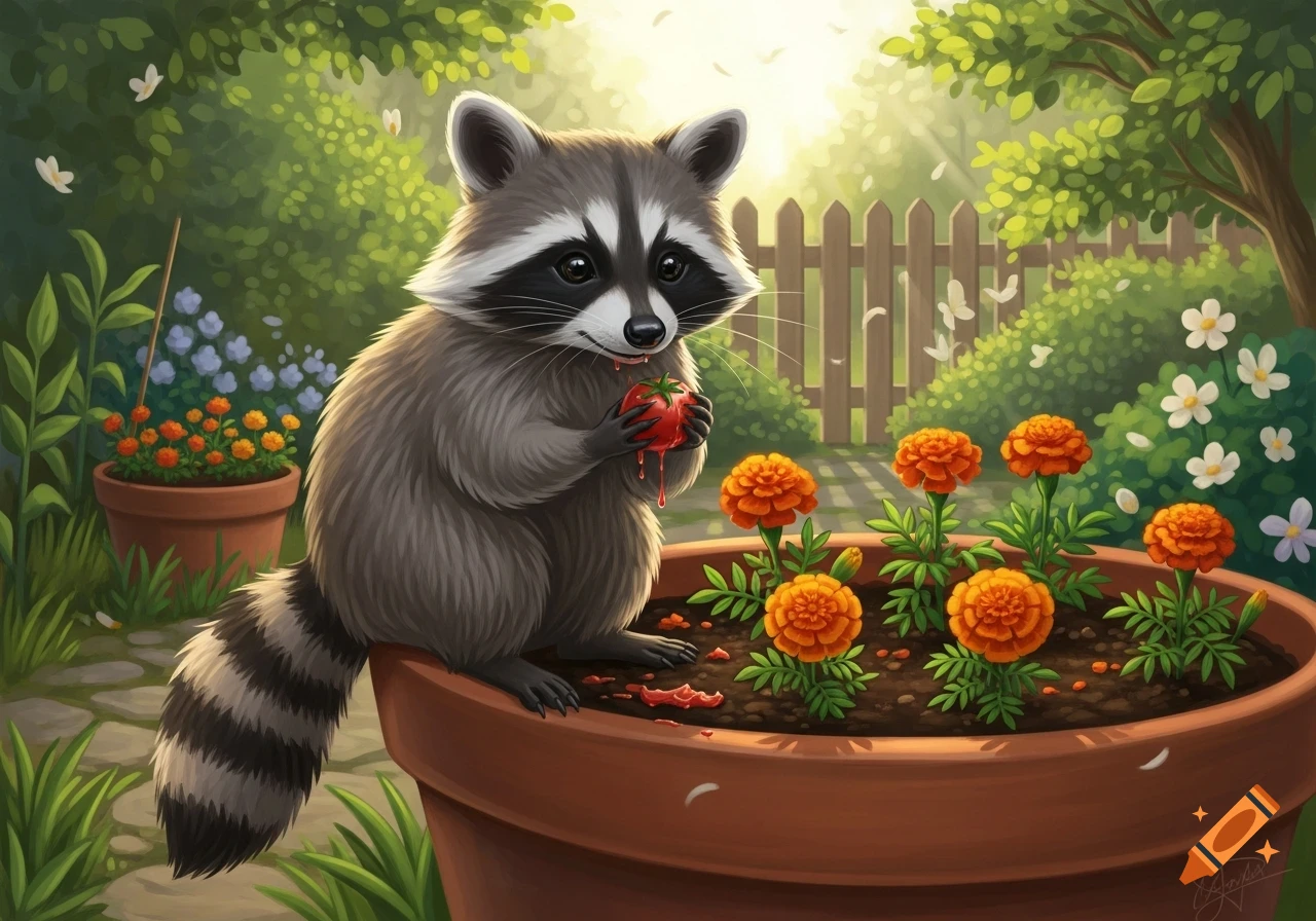 A cute, illustrated raccoon sits on a terracotta pot, messily eating a red fruit amidst orange marigolds in a sunny garden.