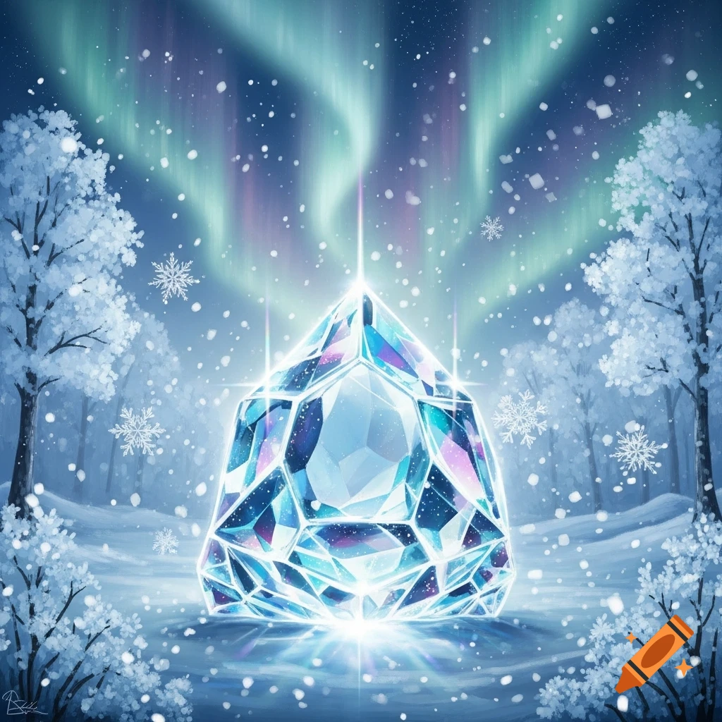 A large glowing faceted ice gem sits in a snowy forest under an aurora borealis sky, with snowflakes falling.