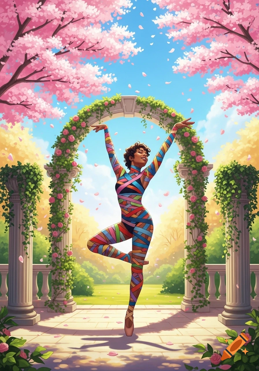 A joyful person in a colorful striped bodysuit dances ballet in a vibrant spring garden with pink cherry blossoms and falling petals.
