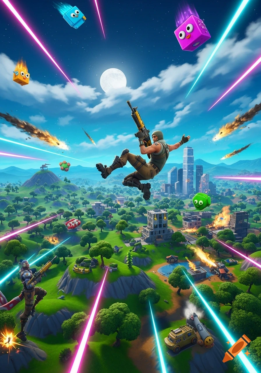 Vibrant Fortnite battle scene with characters, lasers, and explosions over a landscape with buildings under a full moon, featuring floating cartoon blocks.