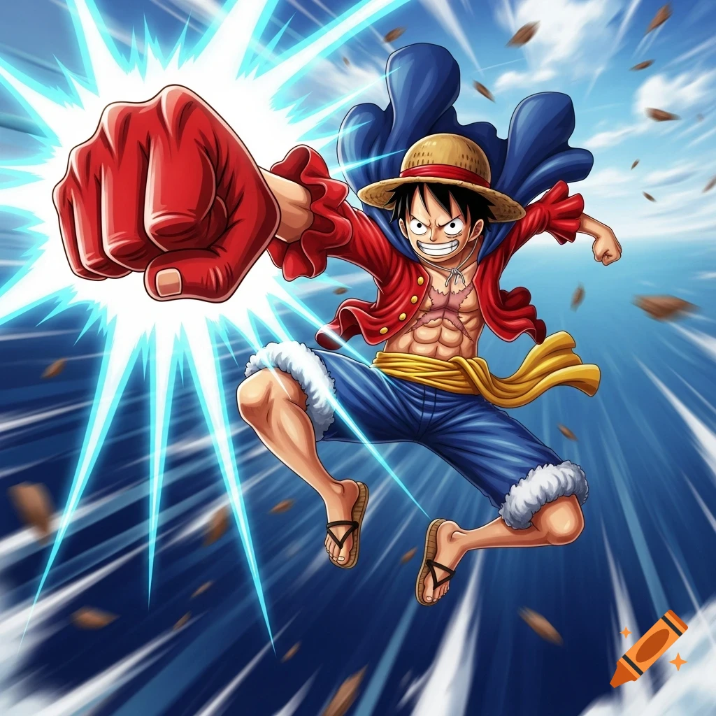 Luffy from One Piece in an anime style, soaring through the air, delivering a powerful punch with a glowing red fist.