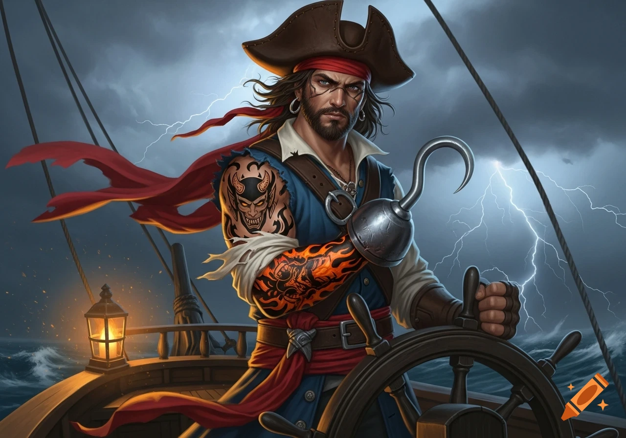 Detailed illustration of a pirate with a hook hand and devil tattoos, steering a ship through a lightning storm.