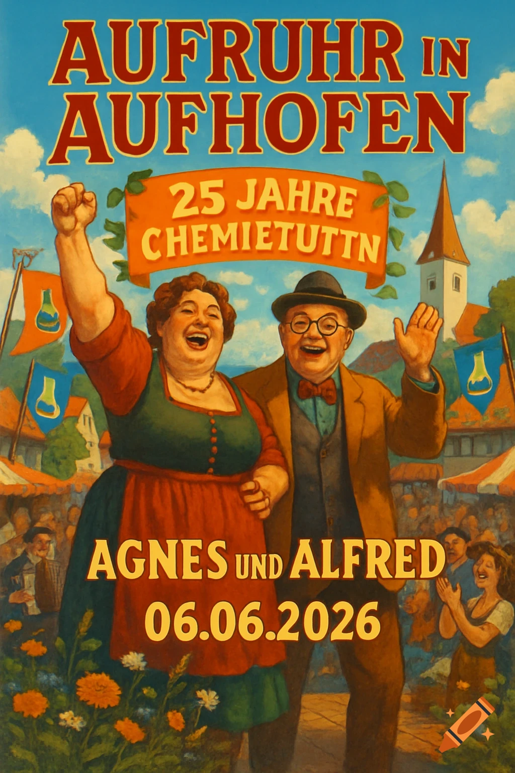 A cheerful older couple in traditional attire smiles and waves at a lively outdoor festival with banners and a church steeple in the background, in a poster art style.
