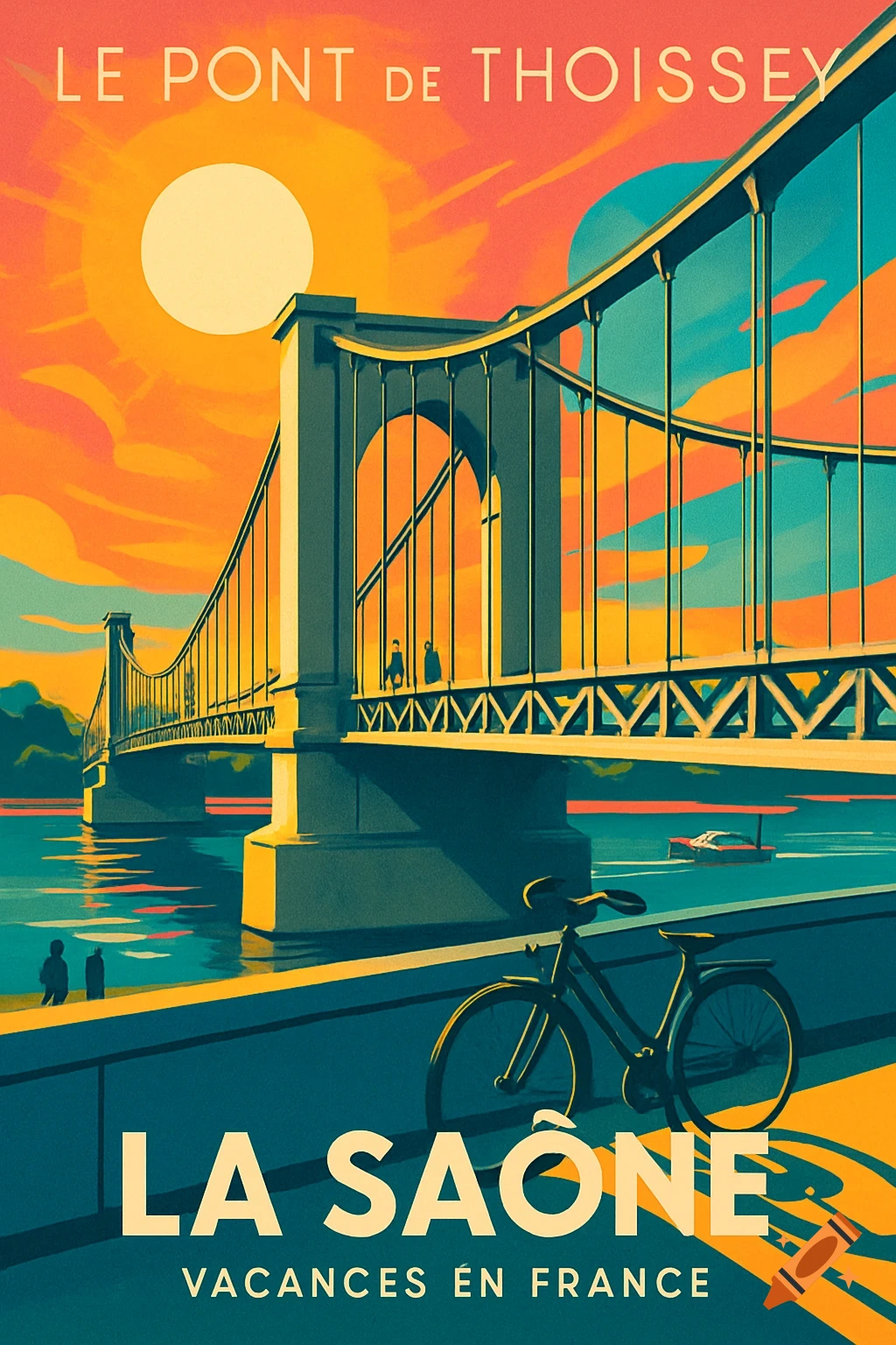 Retro travel poster of the Pont de Thoissey bridge over the Saône river, with a bicycle and a bright sun. Text: Le Pont de Thoissey, La Saône, Vacances en France.