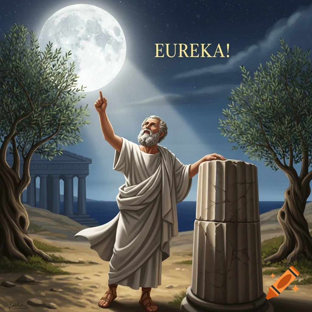 An ancient Greek philosopher in a toga points triumphantly at a bright full moon under a star-filled night sky, saying "EUREKA!"