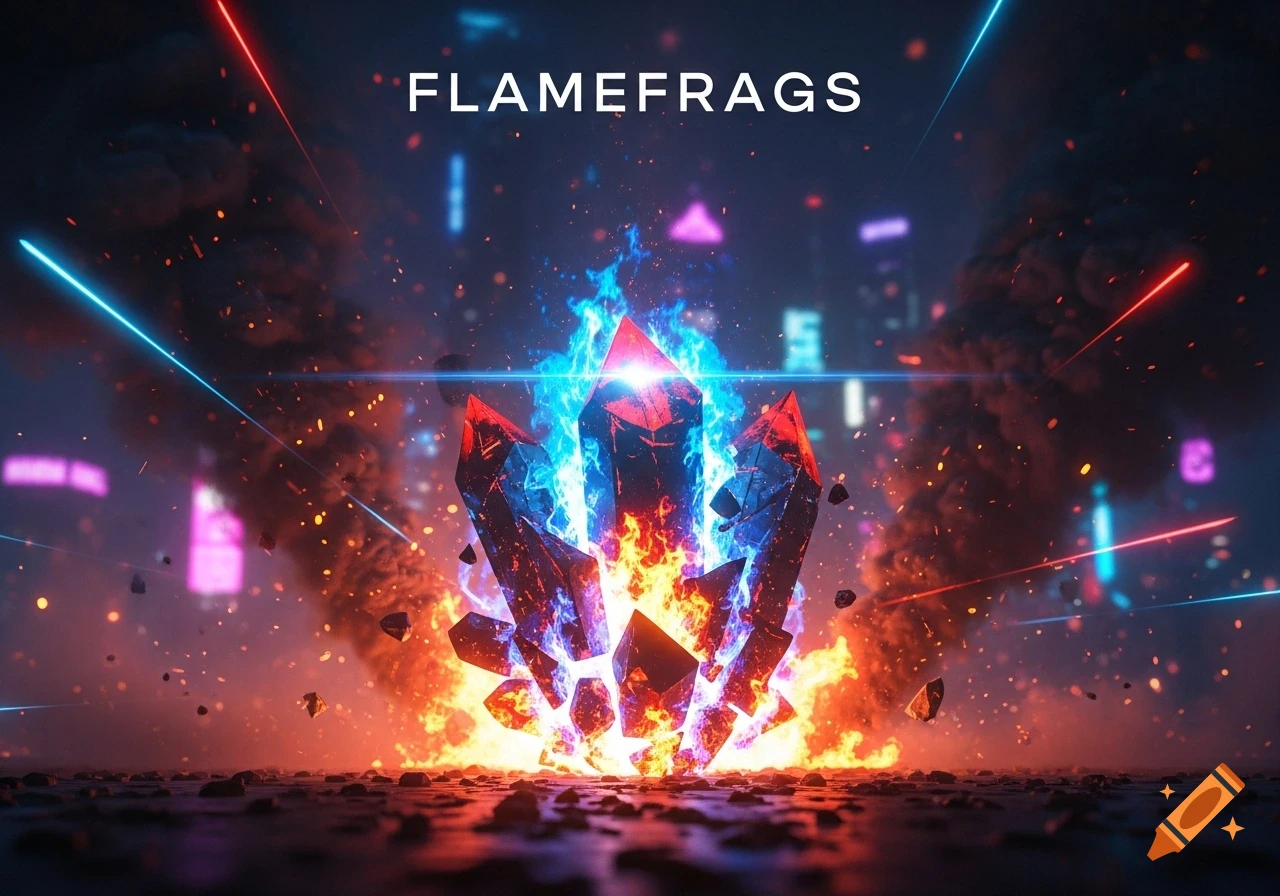 Glowing red and blue crystals erupting from fire with laser beams in a dark, futuristic setting, text "FLAMEFRAGS".