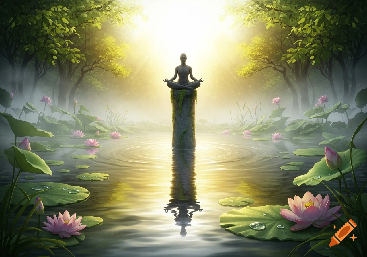 A serene figure meditates in a lotus position on a mossy pillar in a luminous pond surrounded by lotus flowers and lush trees.
