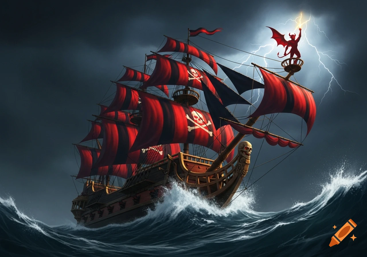 A fantasy pirate ship with red and black skull sails, a devil on the mast, on stormy seas with lightning.