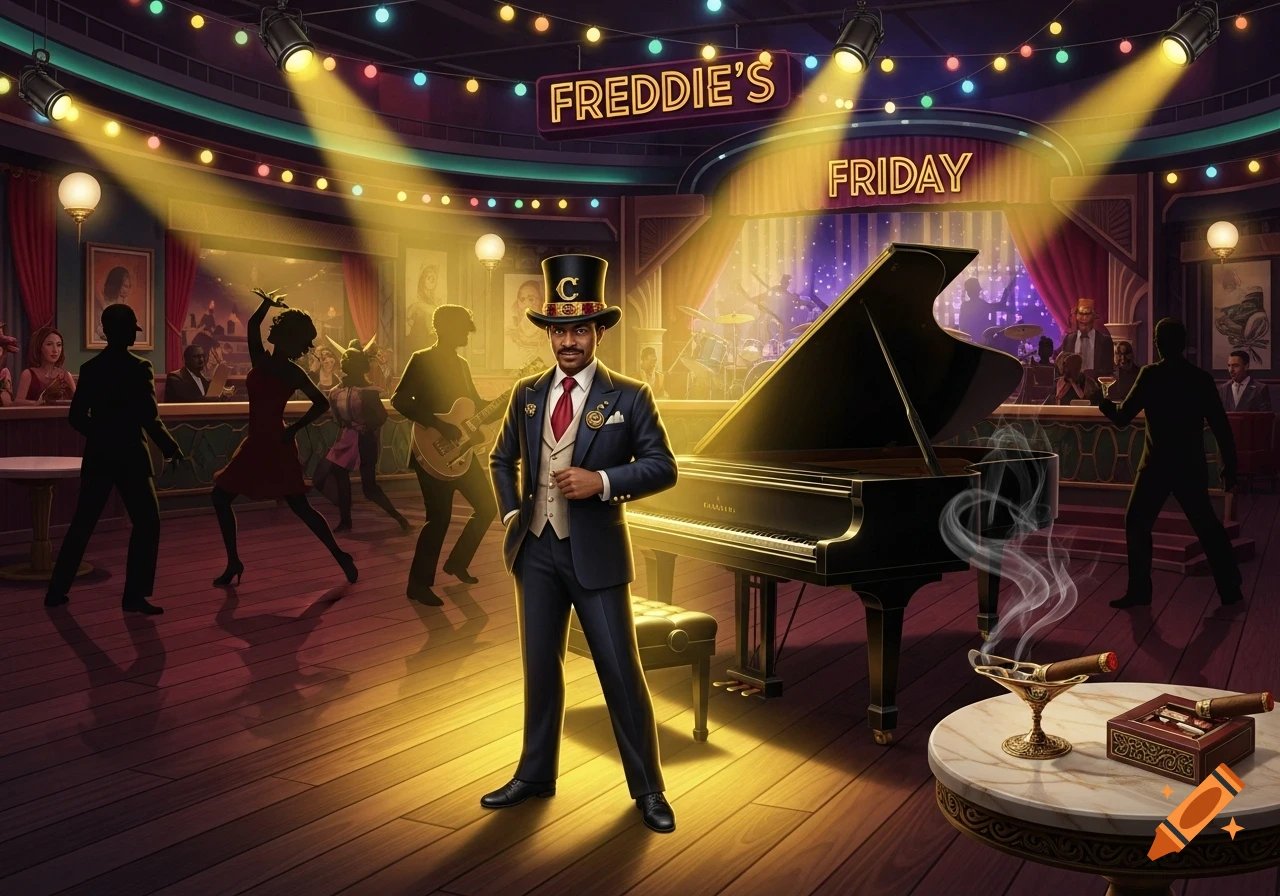 A dapper man in a 'C' top hat and suit stands in a vibrant jazz club with a grand piano, dancers, and neon signs.