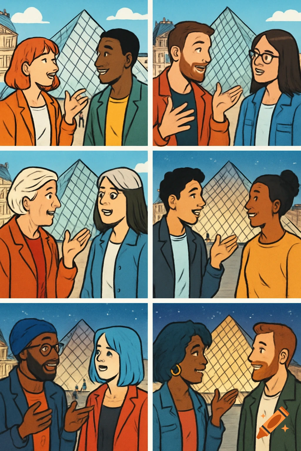 A six-panel comic strip in cartoon style, showing diverse pairs of ...