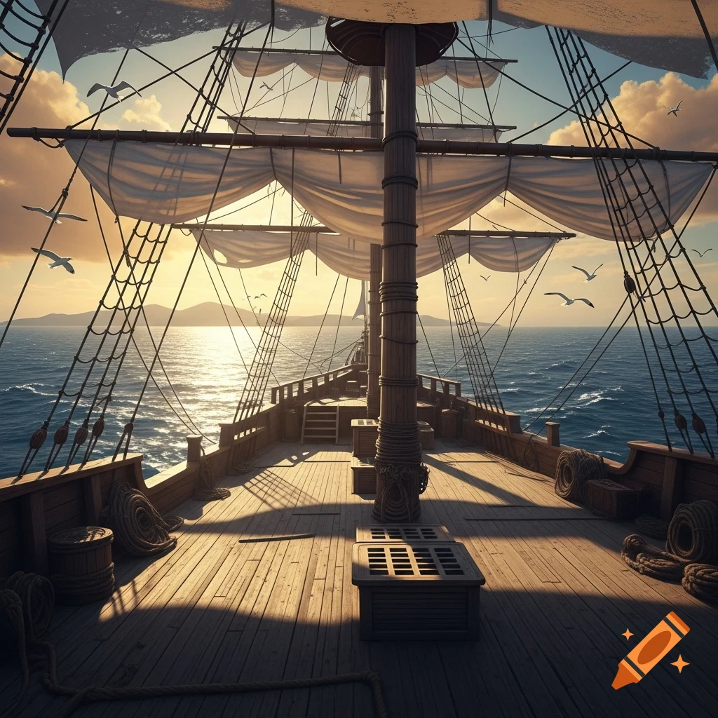 A photorealistic view from a pirate ship's deck, looking over the ocean with sails and rigging against a sunset sky.