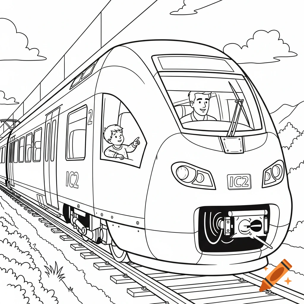 A black and white coloring page of a modern IC2 train with a boy looking out the window and a man driving, surrounded by hills and clouds.