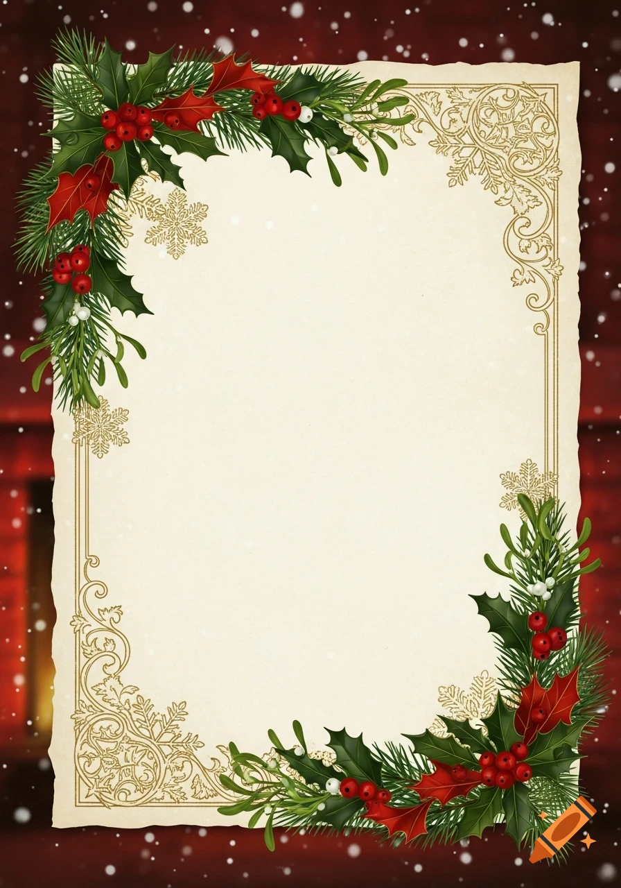Christmas-themed stationery border with holly, mistletoe, pine branches, red berries, and gold scrollwork on a parchment background with falling snow.