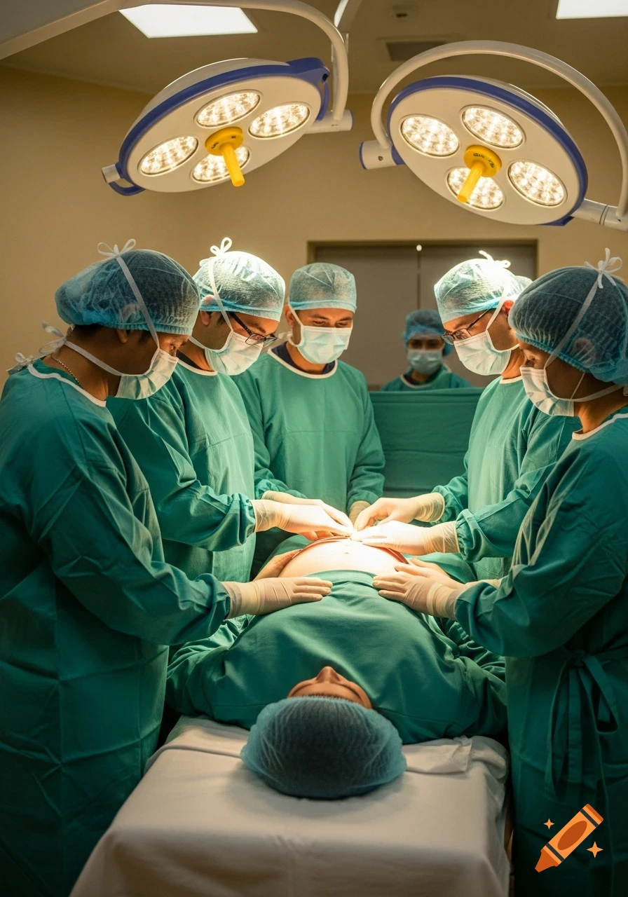 Photorealistic image of doctors in surgical scrubs and masks performing a procedure on a patient's abdomen in an operating room under bright lights.