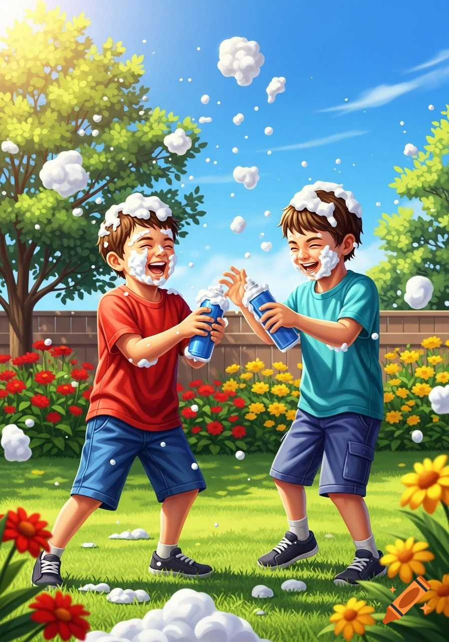 Two laughing boys have a shaving foam fight in a sunny backyard garden, covered in foam while holding cans. Illustrated style.