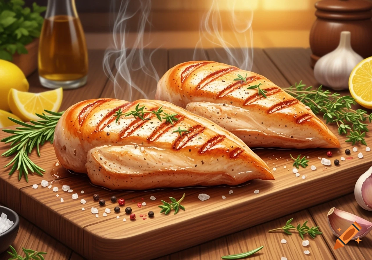 Photorealistic image of two steaming, grilled chicken breasts seasoned with herbs on a wooden board, with lemons, garlic, and oil.