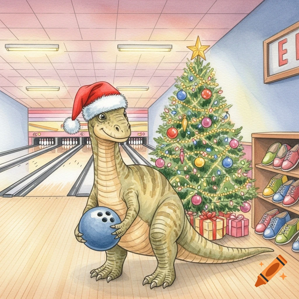 Watercolor painting of a dinosaur wearing a Santa hat, holding a bowling ball in a bowling alley with a Christmas tree.