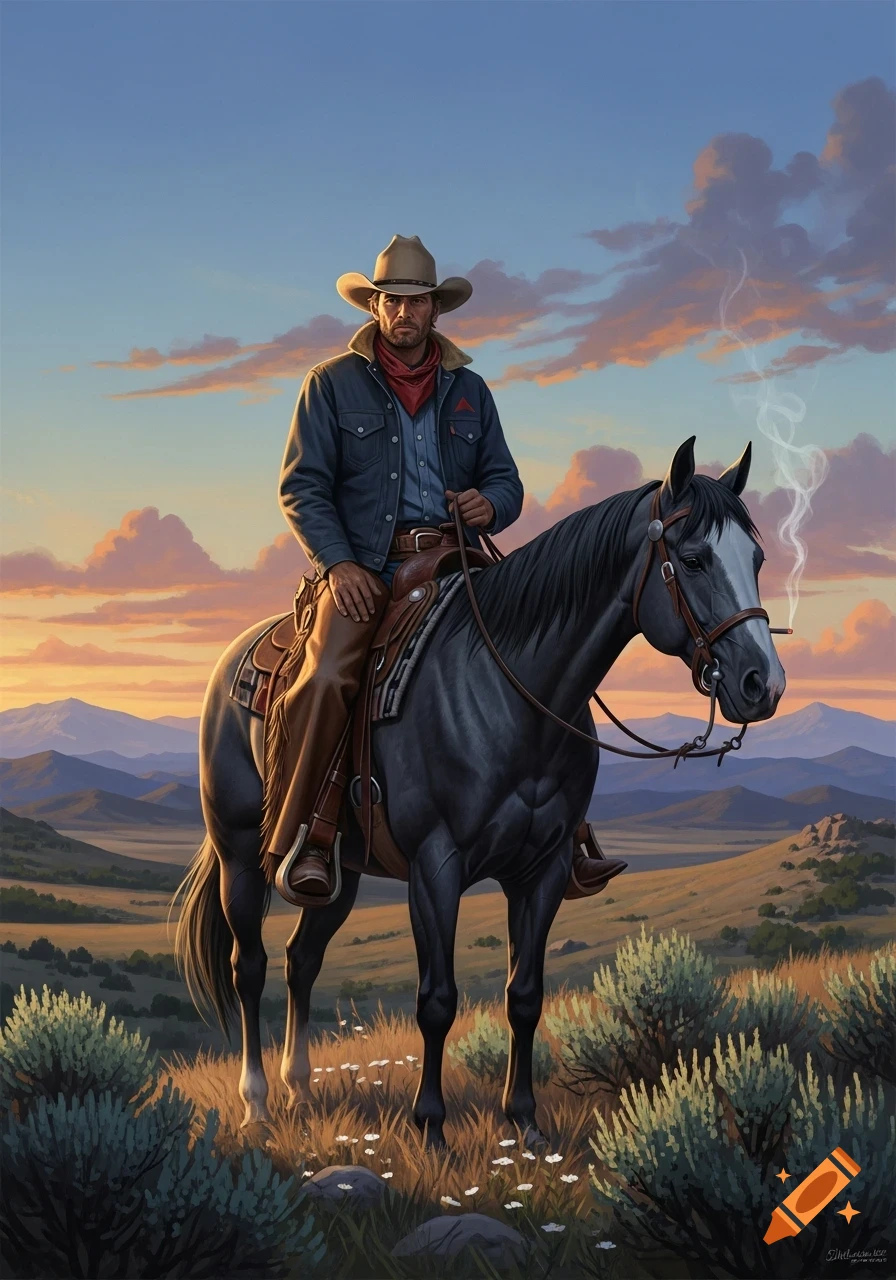A rugged cowboy in a denim jacket and hat sits atop a dark horse in a vast western landscape at sunset, with mountains in the background.