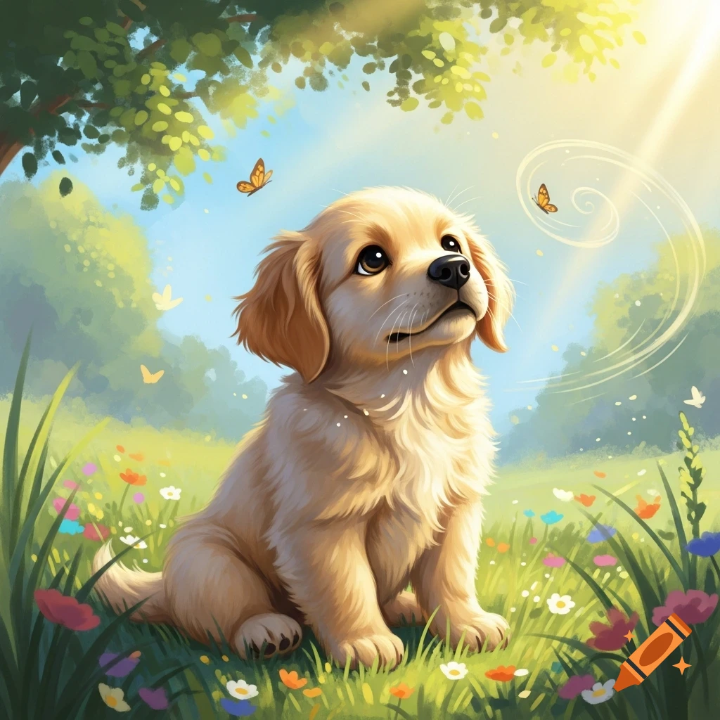 A cute golden retriever puppy sits in a vibrant field of colorful wildflowers, looking up at butterflies under a sunny sky. Illustrated style.