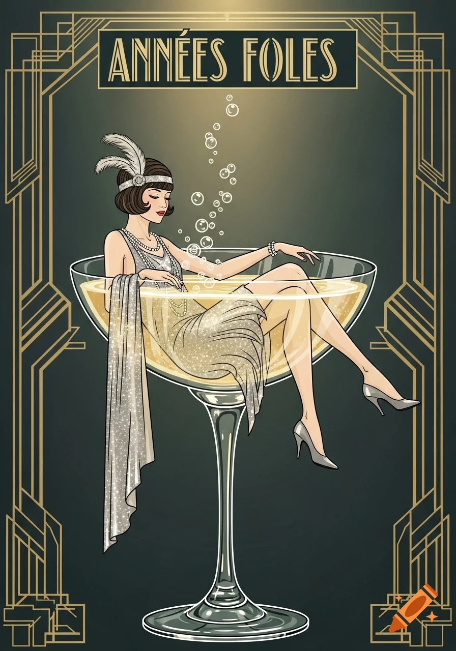 Art Deco illustration of a flapper woman in a sparkling dress relaxing in a giant champagne coupe, with the text 'ANNÉES FOLES'.