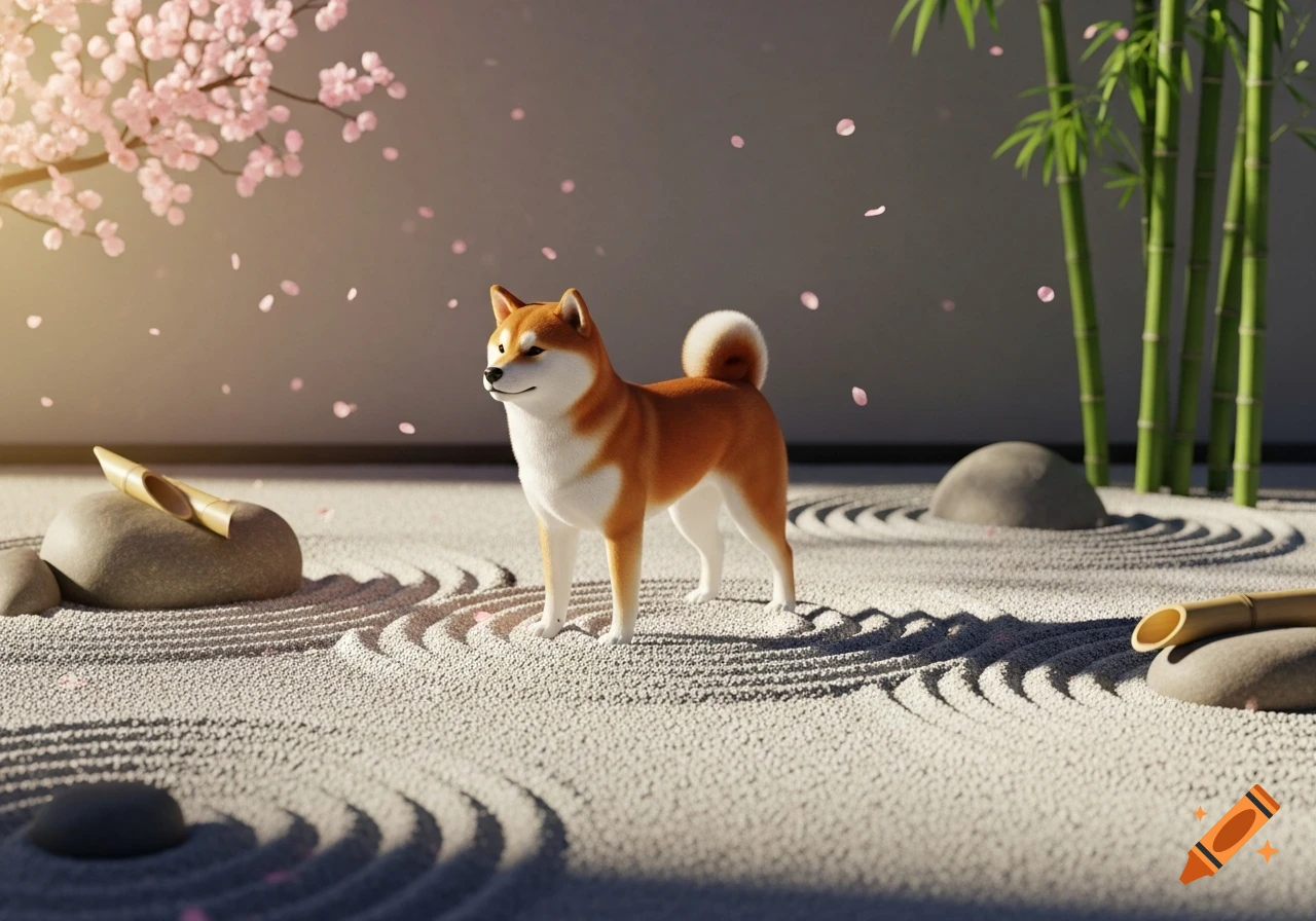 A stylized Shiba Inu stands in a zen garden with raked sand, rocks, bamboo, and falling pink cherry blossoms.