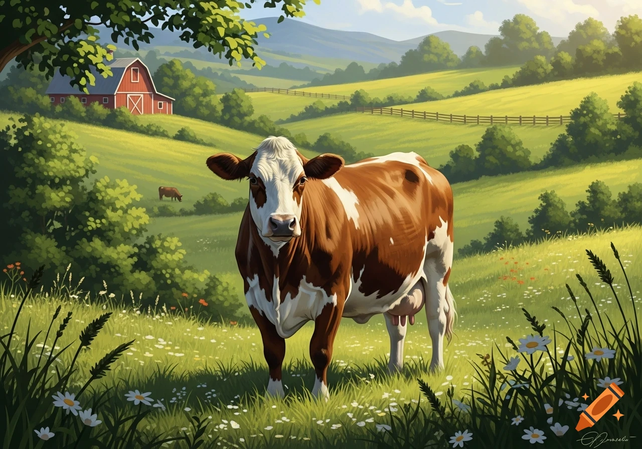 An illustrative scene of a brown and white cow standing in a sunny, flower-filled green field with a red barn and hills.