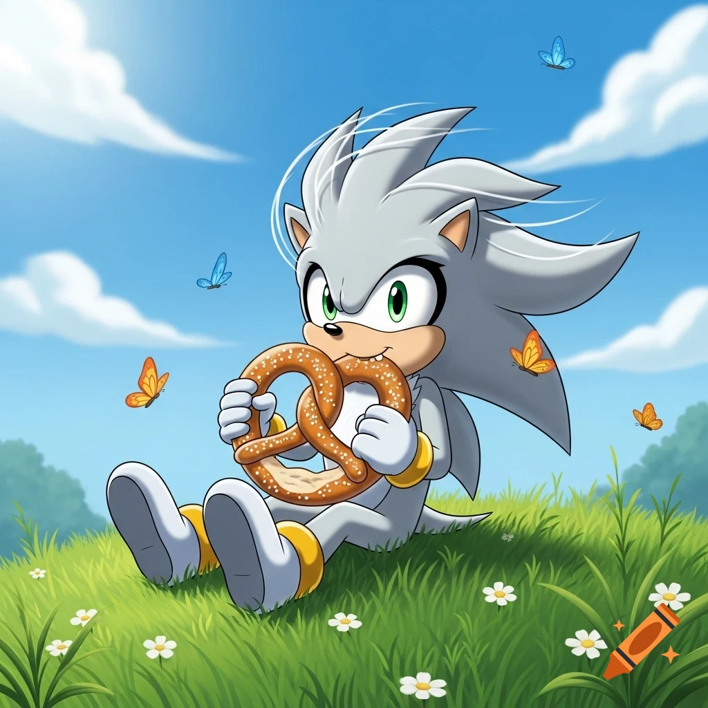 Silver the Hedgehog sits in a grassy field, eating a pretzel, with butterflies fluttering under a blue sky in a cartoon style.
