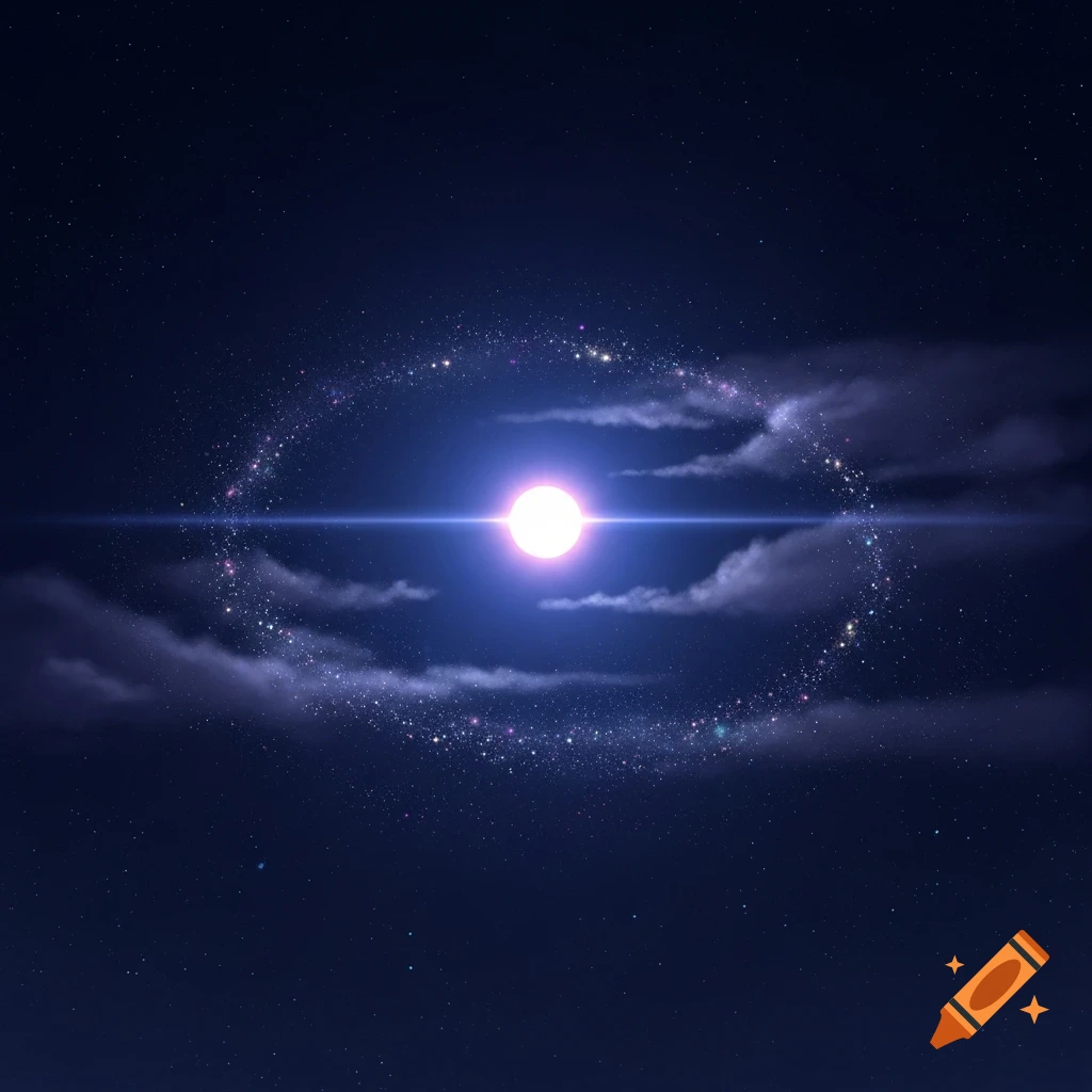A bright glowing star emitting a horizontal light beam in a dark night sky, surrounded by an oval ring of sparkling stars and faint clouds.