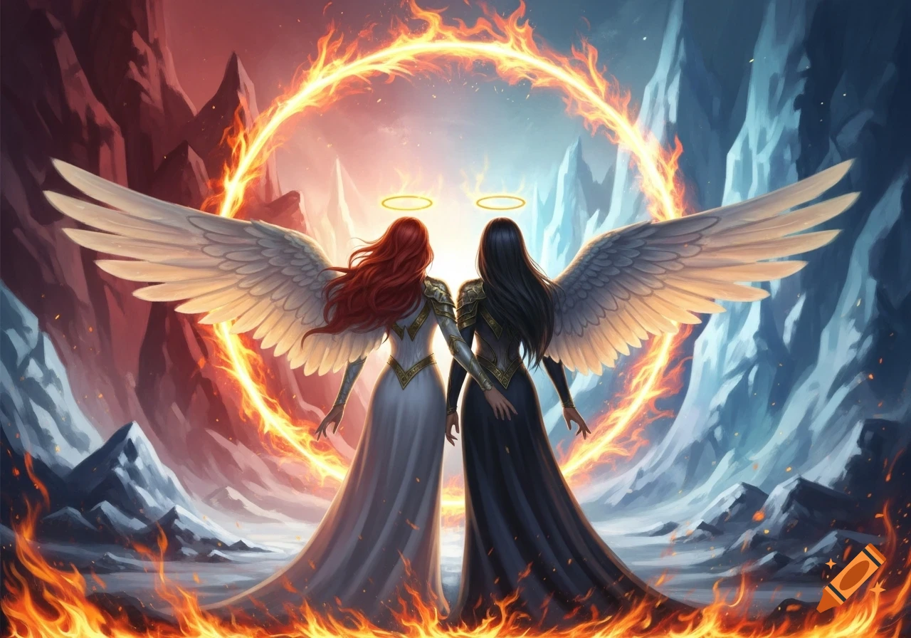 Two winged angels, one with red hair and one with black hair, stand back to back within a fiery ring, against a backdrop of red and icy blue mountains.